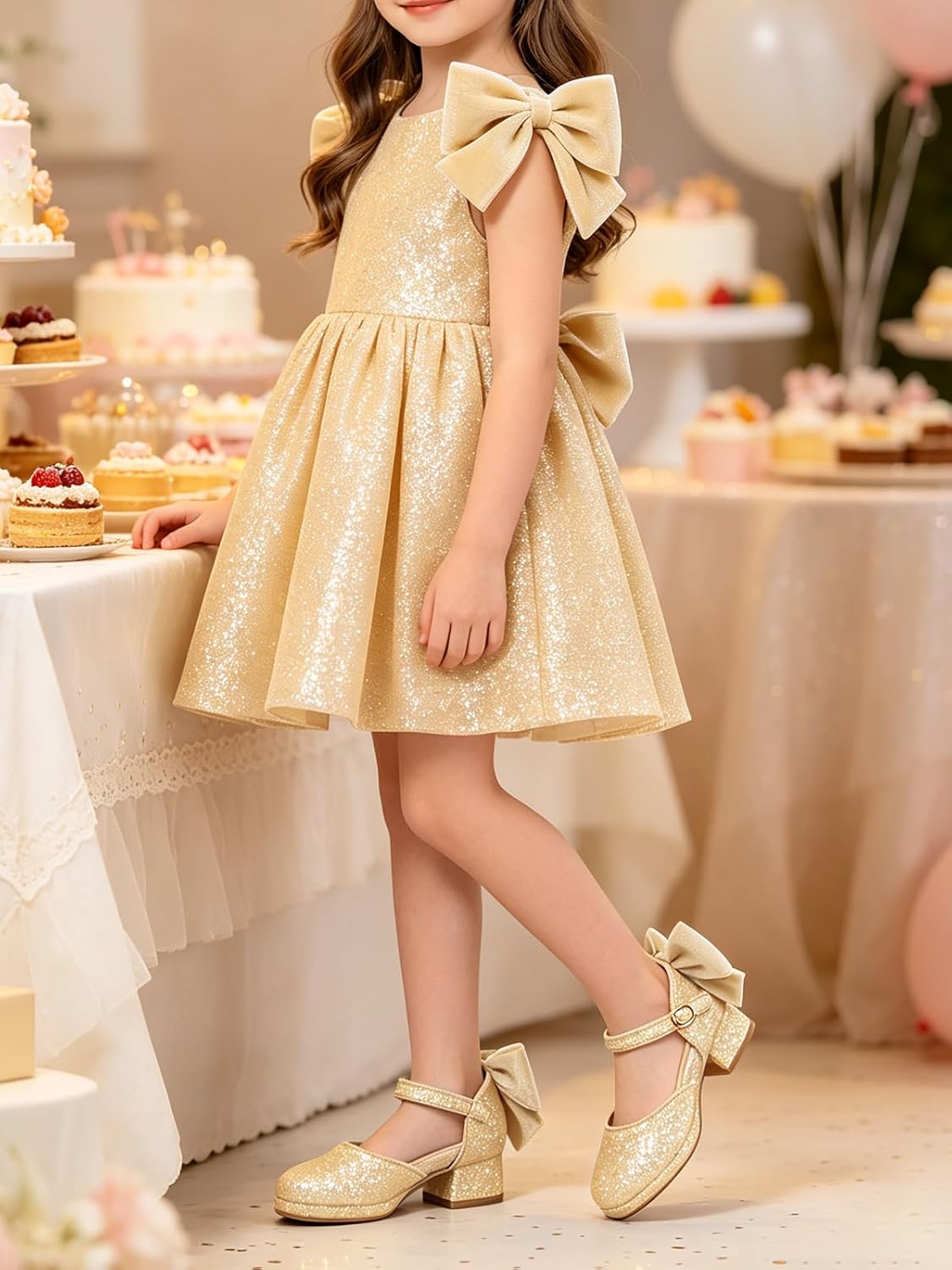 Coutgo Girls Dress Shoes Glitter Platform Chunky Heels Bow Princess Shoes | Square Closed Toe,Girls Pumps,Flower Girl Shoes,Block Heels,Adjustable Buckle Strap,Velcro,Cute,Party