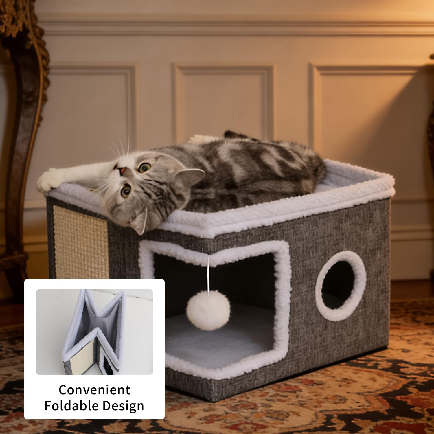 Beds for Indoor Cats,Large Cat Cave for Pet Cat House with Fluffy Ball Hanging and Scratch Pad,Side with Toy Storage Bag,Non-Slip Bottom