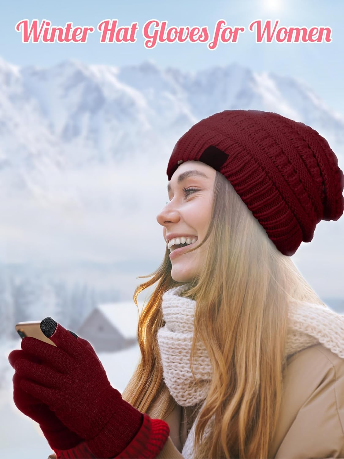 4 Pcs Winter Hat and Gloves for Women Fleece Lined Knit Beanie Touchscreen Gloves Warm Skull Hat Set for Cold Weather(Navy Blue, Wine Red) - Image 6