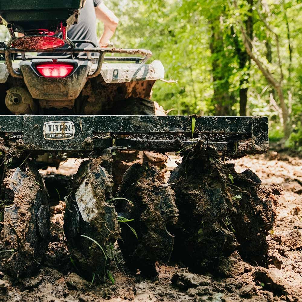 Titan Attachments 4 FT Tow-Behind Notched Disc Harrow Plow Attachment for 2" Towball Hitch ATV and UTV, 14" Concave Discs for Tilling, Loosening/Lifting Soil, Braking Up Weeks, Roots, Crop Debris