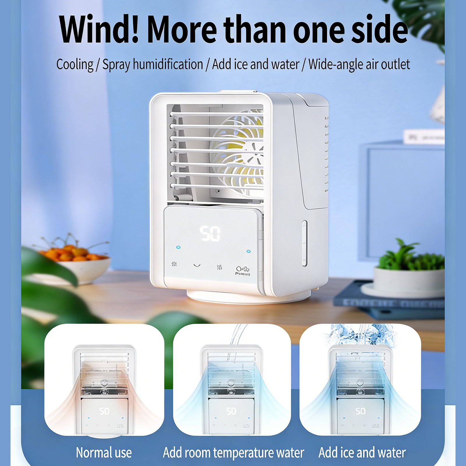 Enfriador de aire evaporativo portátil con recipiente de agua de 700 ml y ventilador de refrigeración de batería de 4000 mAh para el hogar