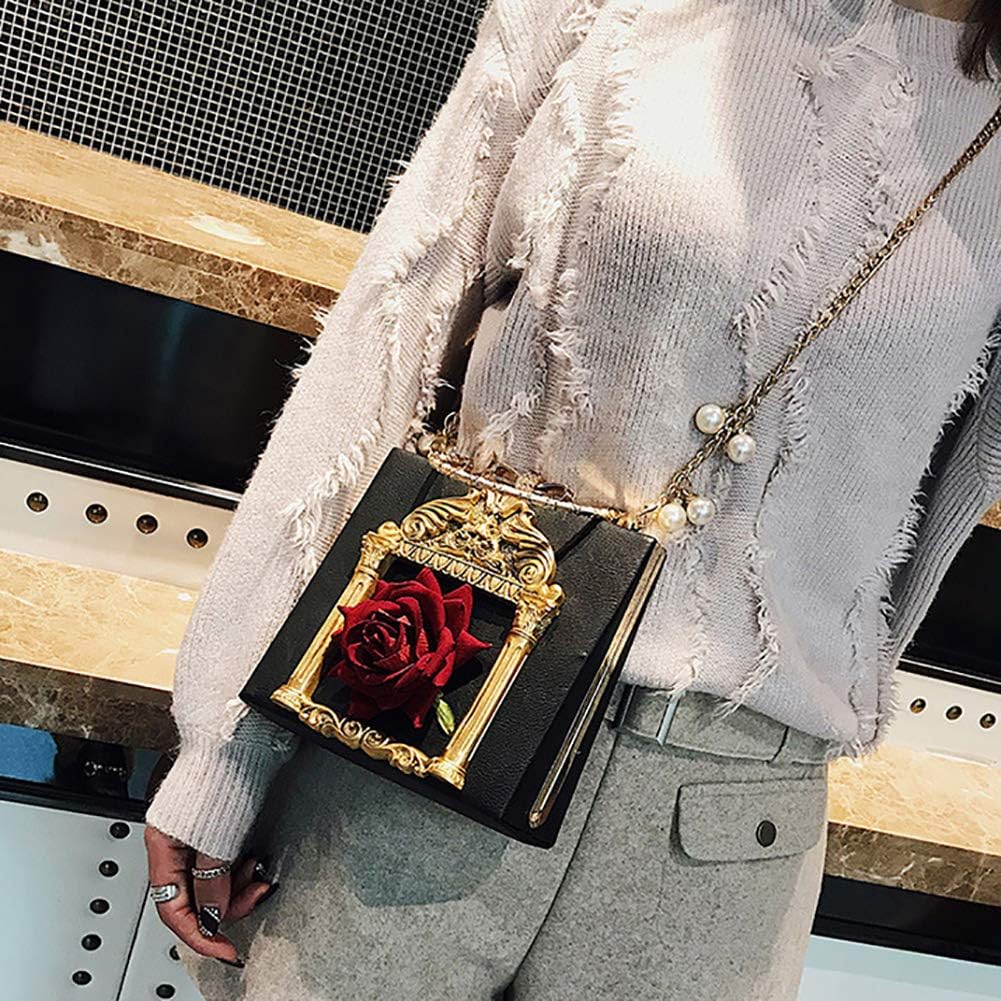 QZUnique Women Love Angel Floral Evening Bag Rose Embossed Formal Purse Clutch Black Gold Crossbody Pearl Chain Shoulder Bag