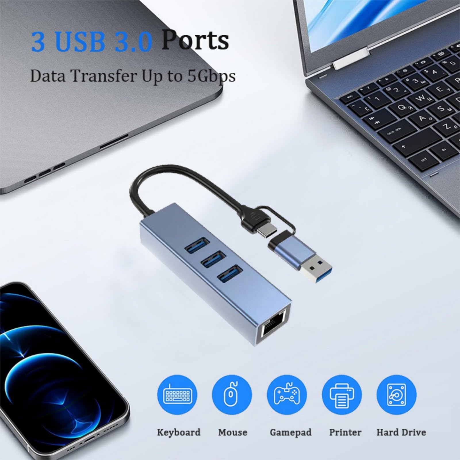 Concentrateurs USB A et USB C multifonctionnels avec port Ethernet RJ45 Gigabit 1000 Mbps 100 Mbps pour ordinateur portable, PC, appareils de voyage, Ethernet