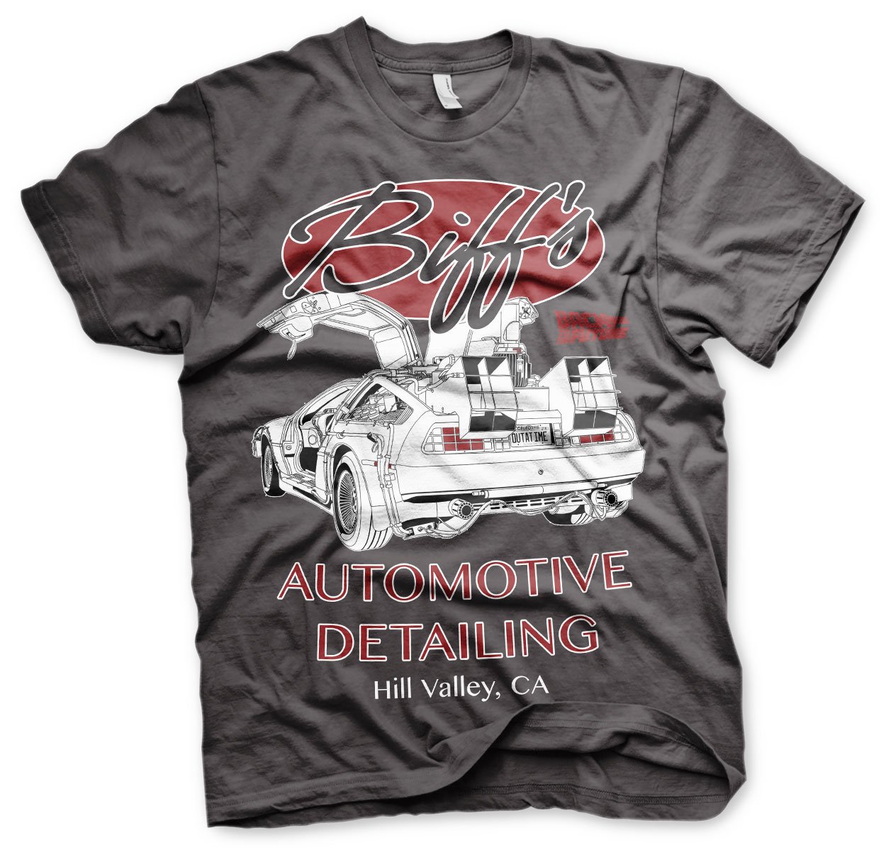 Back To The Future Men's Dark Grey Officially Licensed Biff's Automotive Detailing T-Shirt (Dark Grey), Large