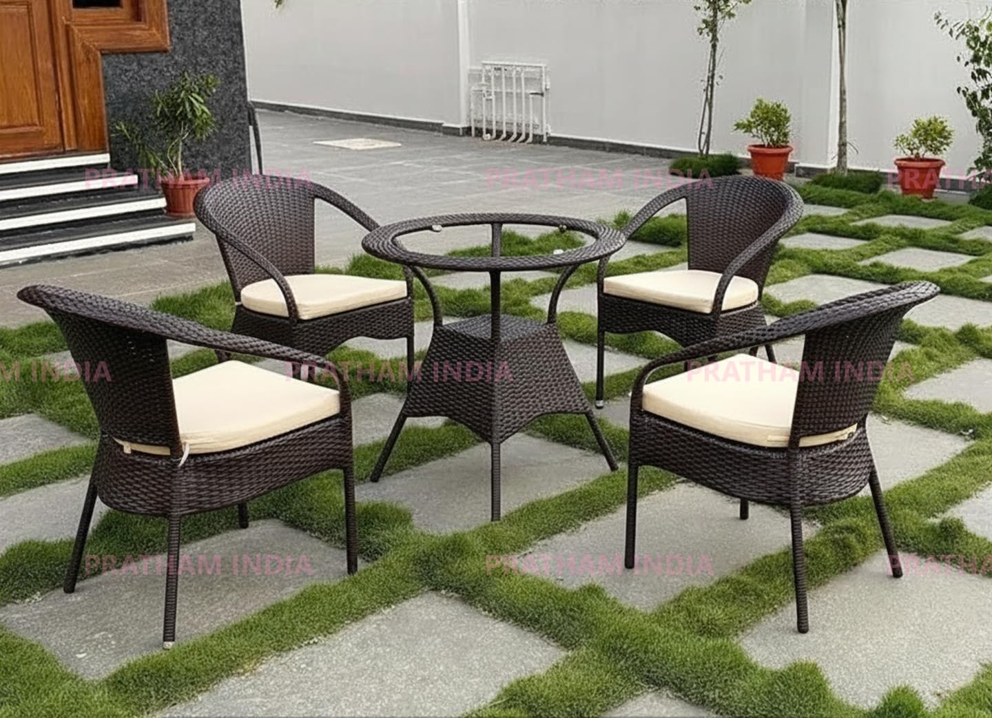 India 4+1 Outdoor Indoor Patio Set Bistro Set Rattan Set Lawn Balcony Hall Outdoor Garden Chair Table Set (Brown+Cream Cushion)-image-27