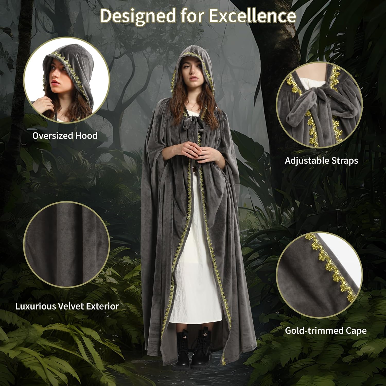 Charm&Cstay Renaissance Cloak with Hood for Women, Plus Size Velvet Hooded Cloak for Women, Medieval Cape for Halloween - Image 3