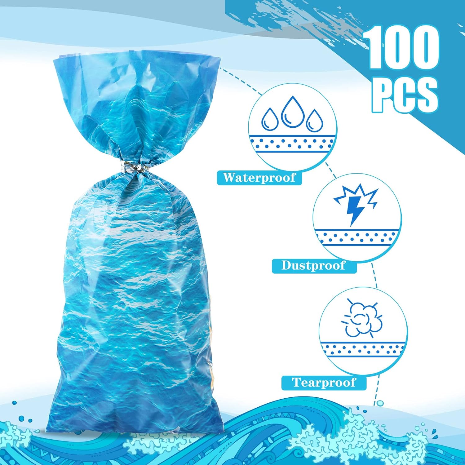 Pajean 100 Pieces Ocean Waves Cellophane Treat Bags Under the Sea Blue Ocean Party Goodie Candy Bag with 100 Twist Ties for Beach Pool Birthday Summer Mermaid Party Decoration Baby Shower Supplies