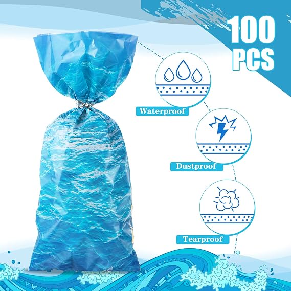 Pajean 100 Pcs Ocean Wave Cellophane Treat Bags, Blue with Twist Ties