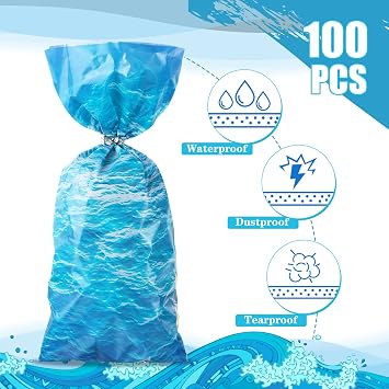 Pajean 100 Pcs Ocean Wave Cellophane Treat Bags, Blue with Twist Ties
