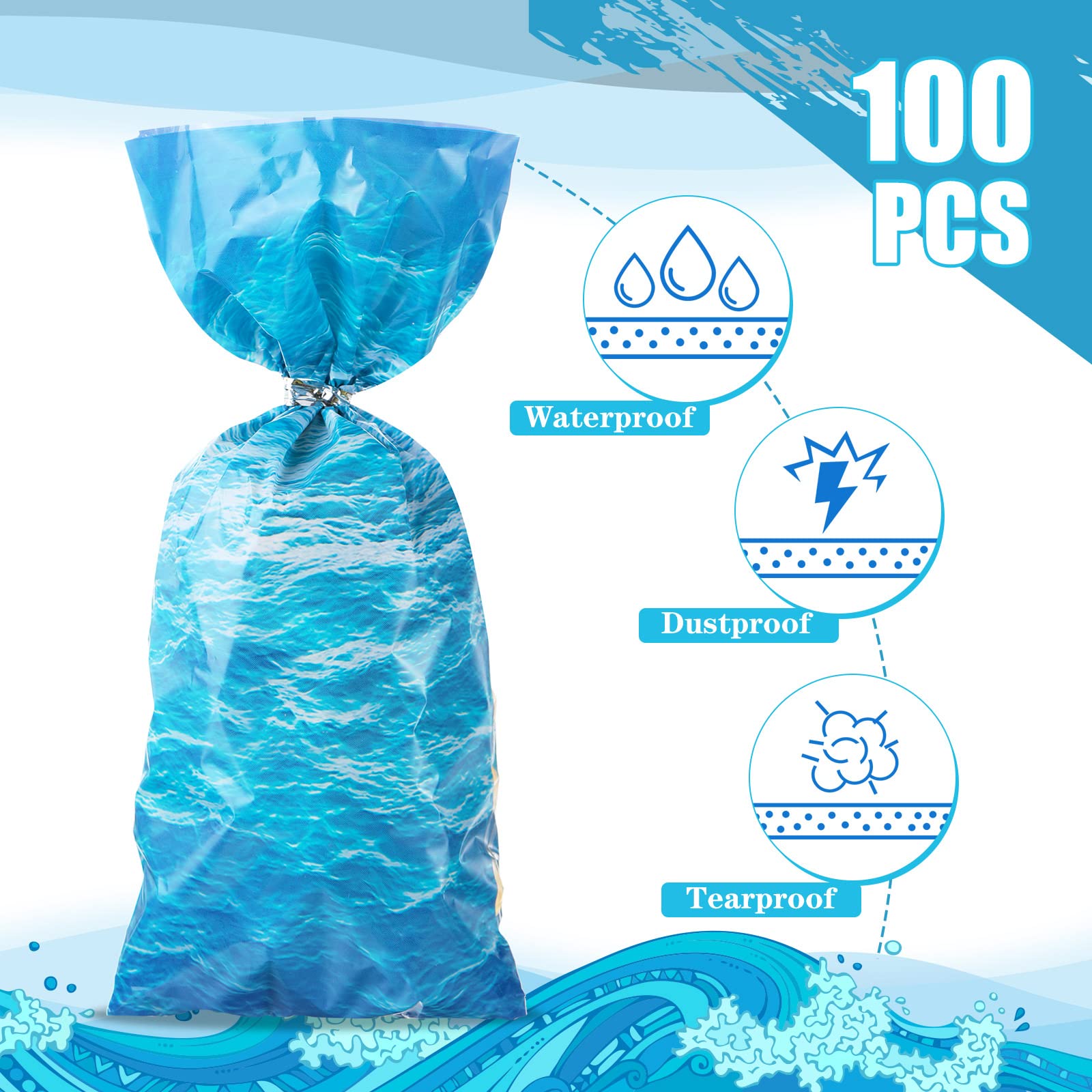Pajean 100 Pieces Ocean Waves Cellophane Treat Bags Under the Sea Blue Ocean Party Goodie Candy Bag with 100 Twist Ties for Beach Pool Birthday Summer Mermaid Party Decoration Baby Shower Supplies