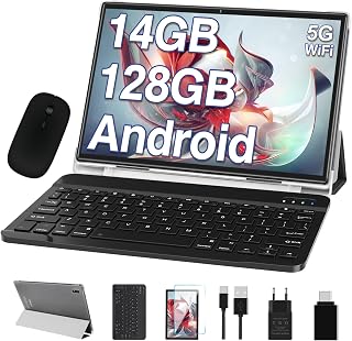Tablet 10 Pulgadas Tablets Android, 14GB RAM+128GB ROM/TF 1TB, Octa-Core 2.0Ghz, 5G WiFi, BT 5.0, 3.5mm Audio, Batería 8000mAh, Cámara 5+8 MP, Widevine L1, Tablet con Funda, Ratón & Teclado - Gris