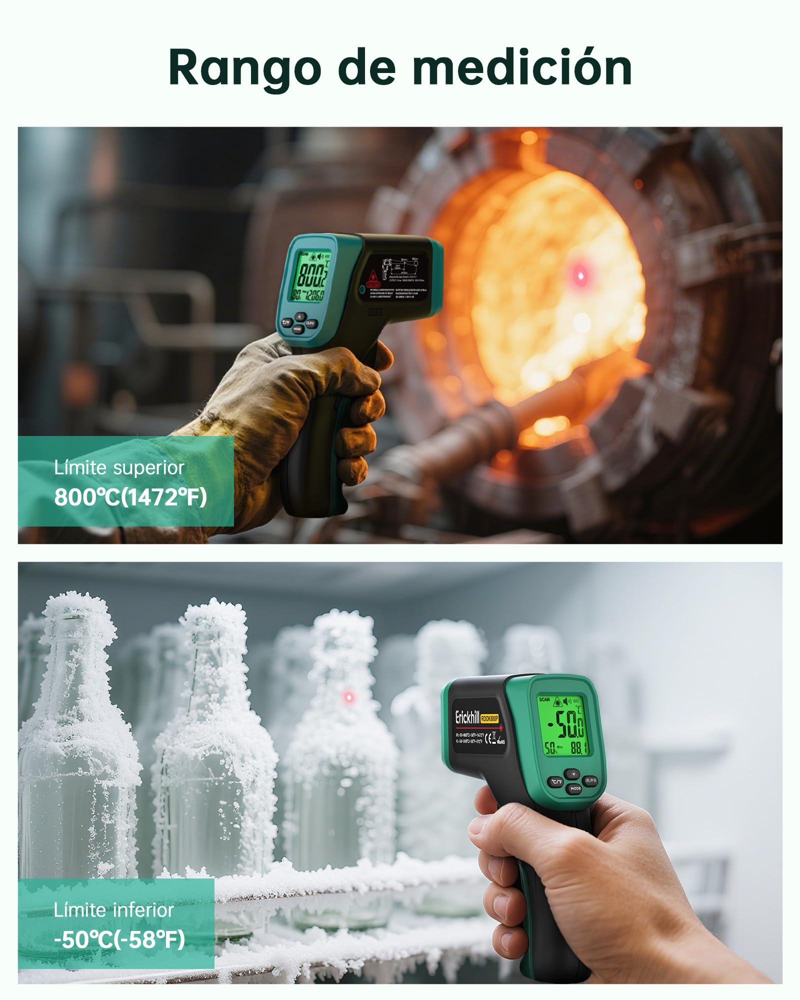 ERICKHILL Termómetro infrarrojo -50°C a 800°C, láser digital sin contacto, sonda de carne -50°C a 300°C, emisividad ajustable