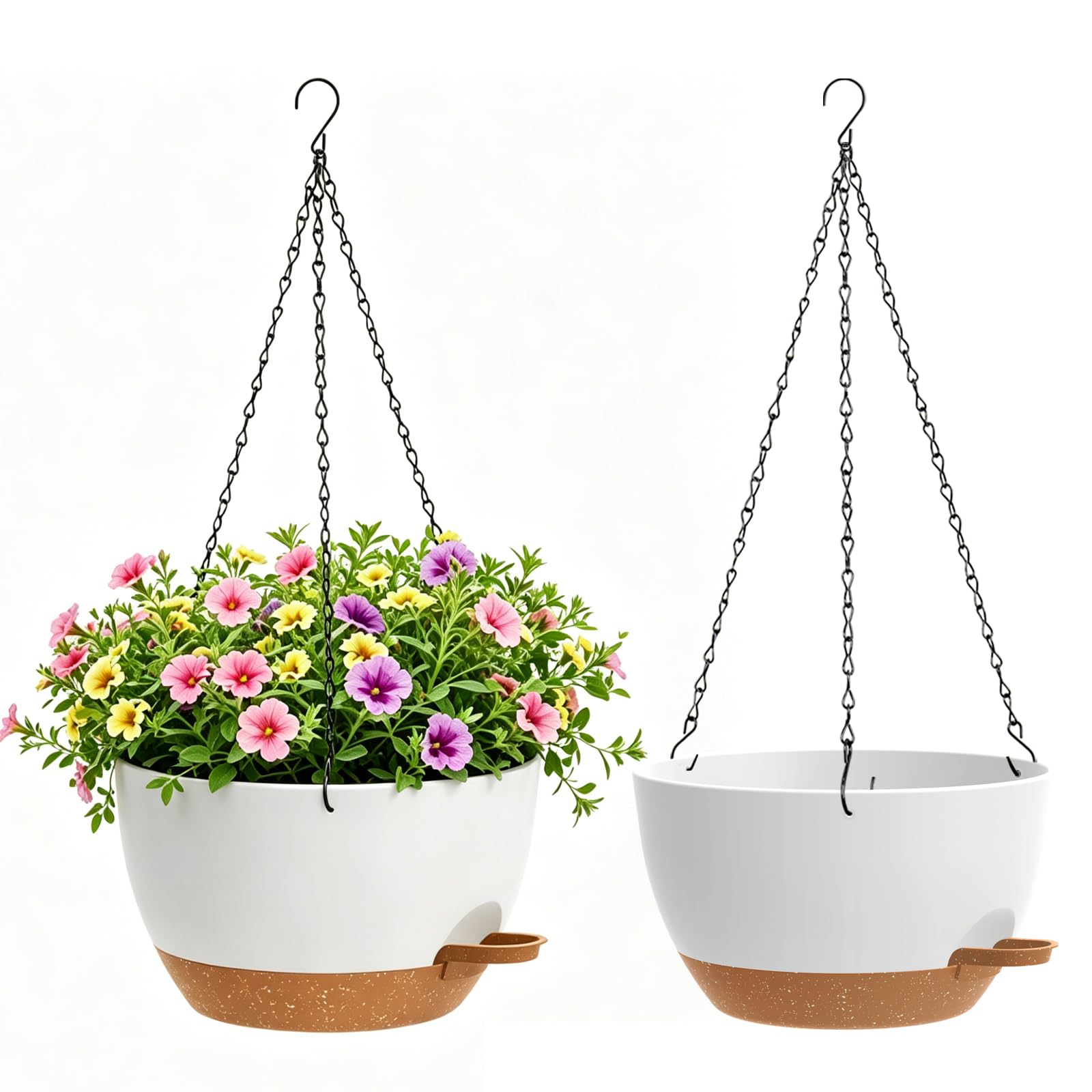 WSMKSZ 20 cm Small Self Watering Hanging Planters Indoor Outdoor, 2 Pack Plastic Hanging Plant Pots with Drainage Holes & Removable Reservoir, Hanging Baskets for Balcony Porch and Flower, White Brown