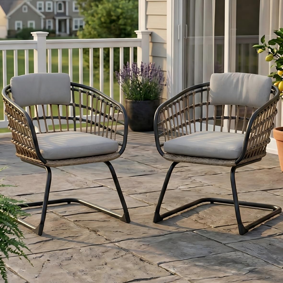 2 Pieces Outdoor Wicker C Spring Motion Chairs,Rattan Bistro Chair Set with Cushions and Pillow,All-Weather Patio Chairs for Backyard, Deck & Balcony (Set of 2)
