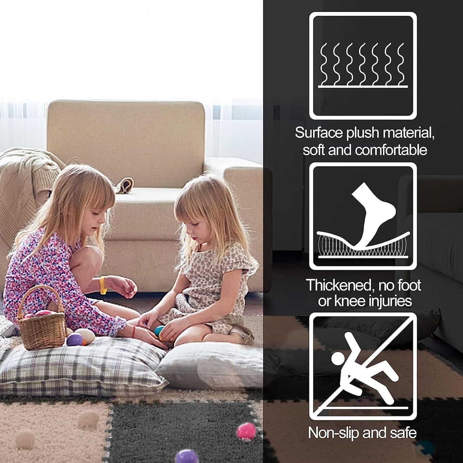 Plush Foam Interlocking Floor Tiles Mats 1x1ft Foam Splicing Carpet Tiles with Edgings(Apricot+Light Coffee,30pcs)