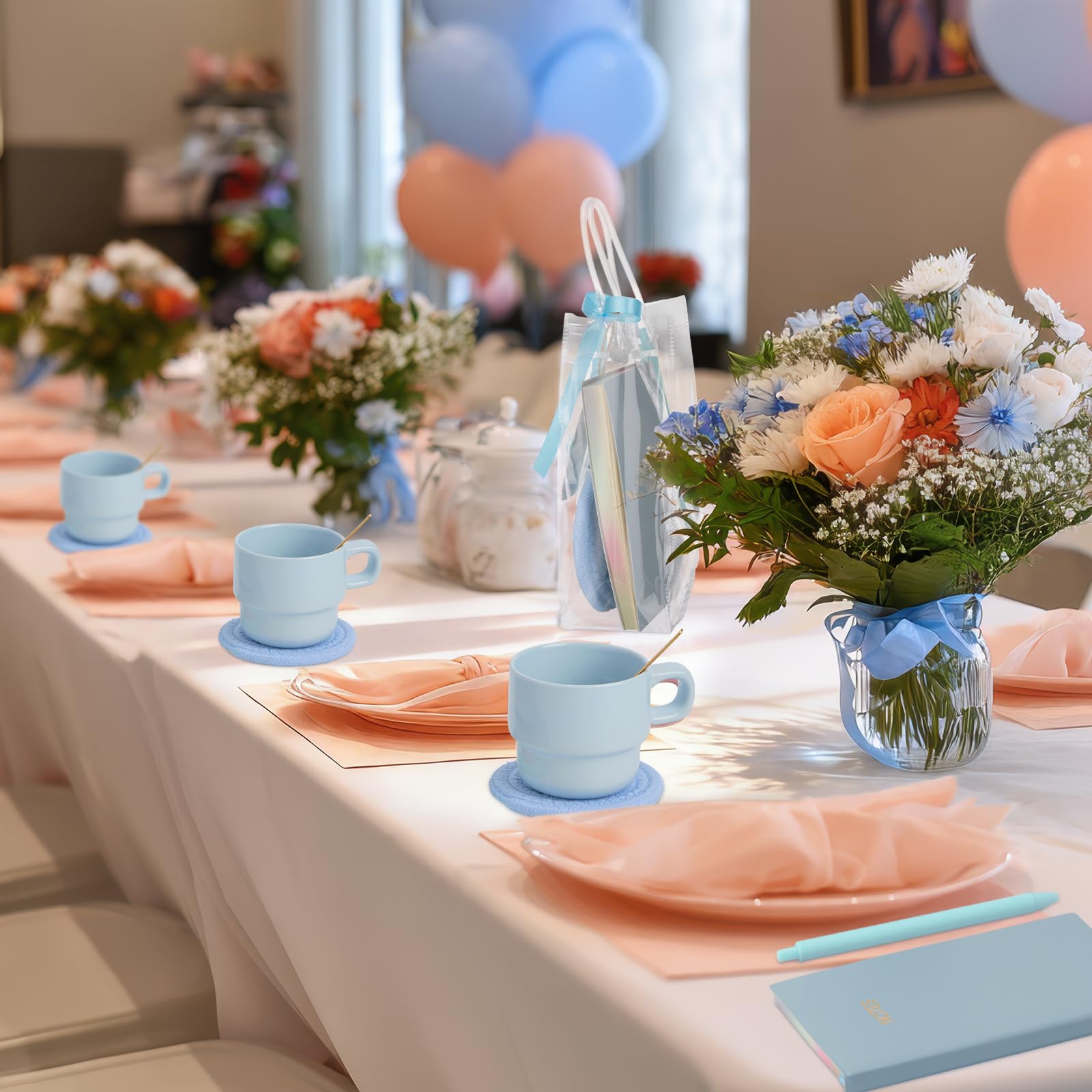43 premios de juego para baby shower para ganadores del juego, regalos de baby shower, incluyendo tazas de cerámica con cucharas, posavasos tejidos y bolsas de regalo para cuaderno, tarjeta