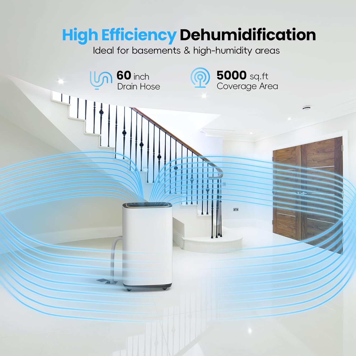 5000 Sq.Ft Dehumidifier, 52PT/24H Dehumidifiers with Drain Hose for Basement, Large Compressor Dehumidifier for Basement/Laundry/Bedroom/Office, Dehu/Dry/Air Mode, Humidity Display/Timer/Child Lock - Image 2