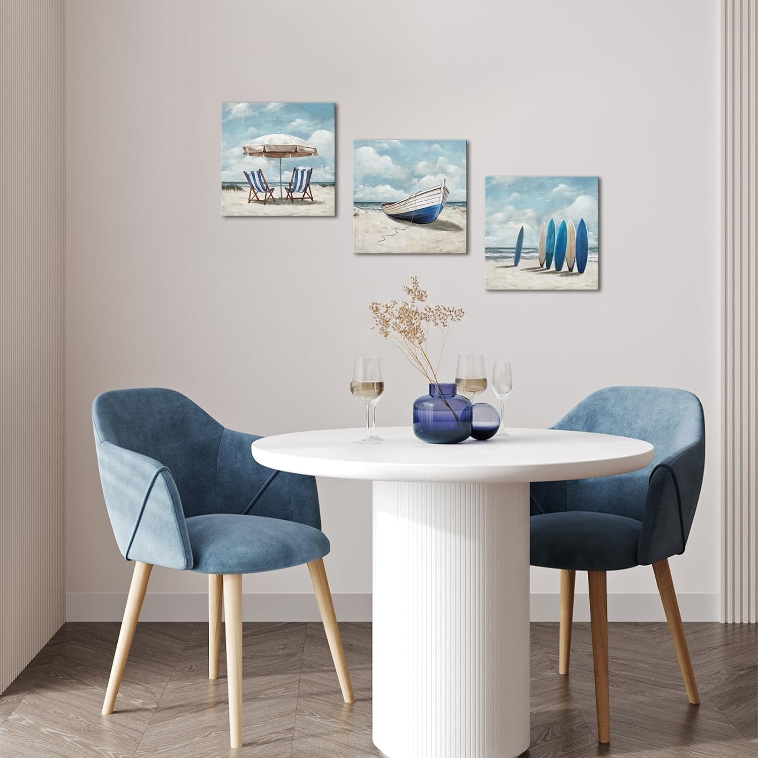 Visual Art Decor Coastal Wall Art Beach Landscape Painting Blue Bathroom Decor Picture Framed 12inx12inx3Pieces (Blue)