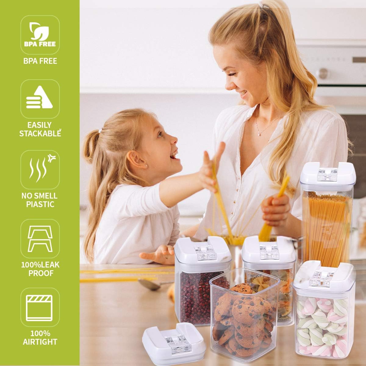 Airtight Food Storage Containers, 5 Pieces Plastic Cereal Container with Easy Lock Lids, BPA Free Cereal Containers for Kitchen Pantry Organization and Storage, Include 8 Labels and Marker