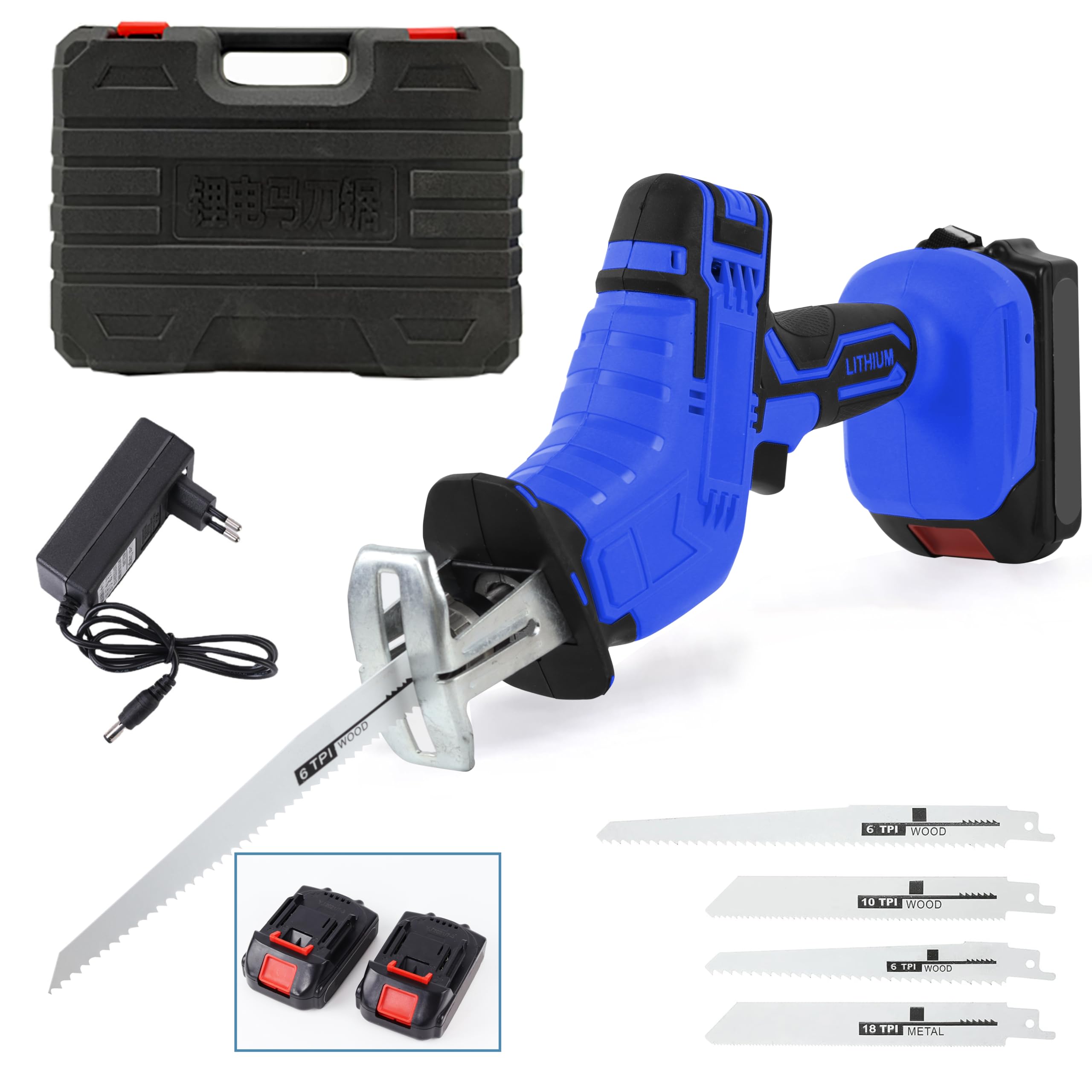 Sega Alternativa a Batteria 24V, Velocità Variabile 0-3000rpm, Freno Elettrico, Cambio Lama Senza Attrezzi, Taglio Legno 100mm, Metallo 2mm, Plastica 100mm, Impugnatura Ergonomica, Alta Potenza, Blu