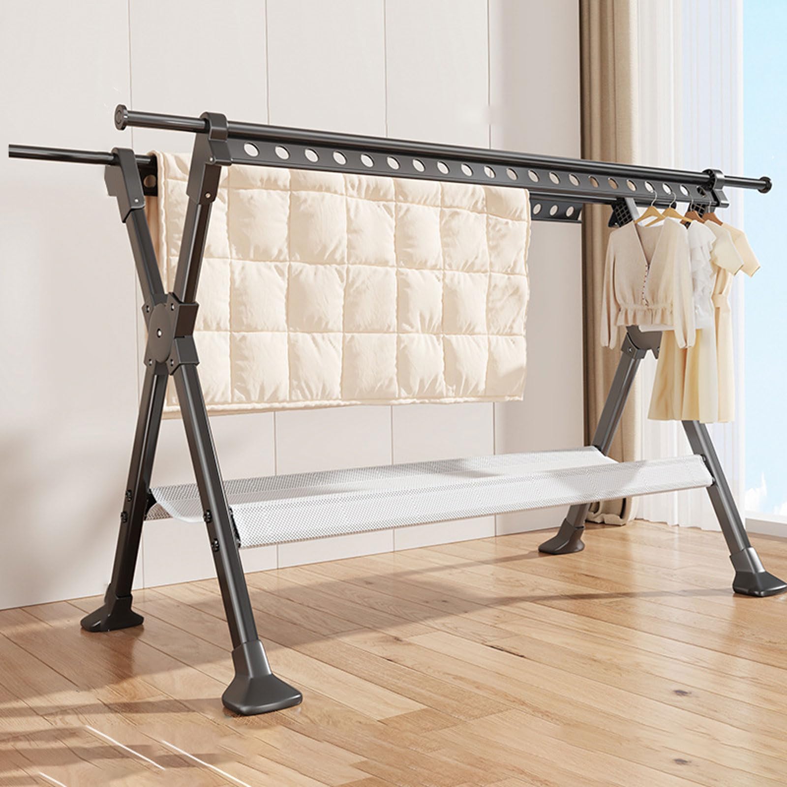 Poteau Etendoir Linge,Etendoir A Linge,SéChoir à Linge,Grande Capacité Sechoir A Linge Balcon,Etendage Linge Interieur Pliable,Etendoir Drap Extensible,Portatif,pour Balcon