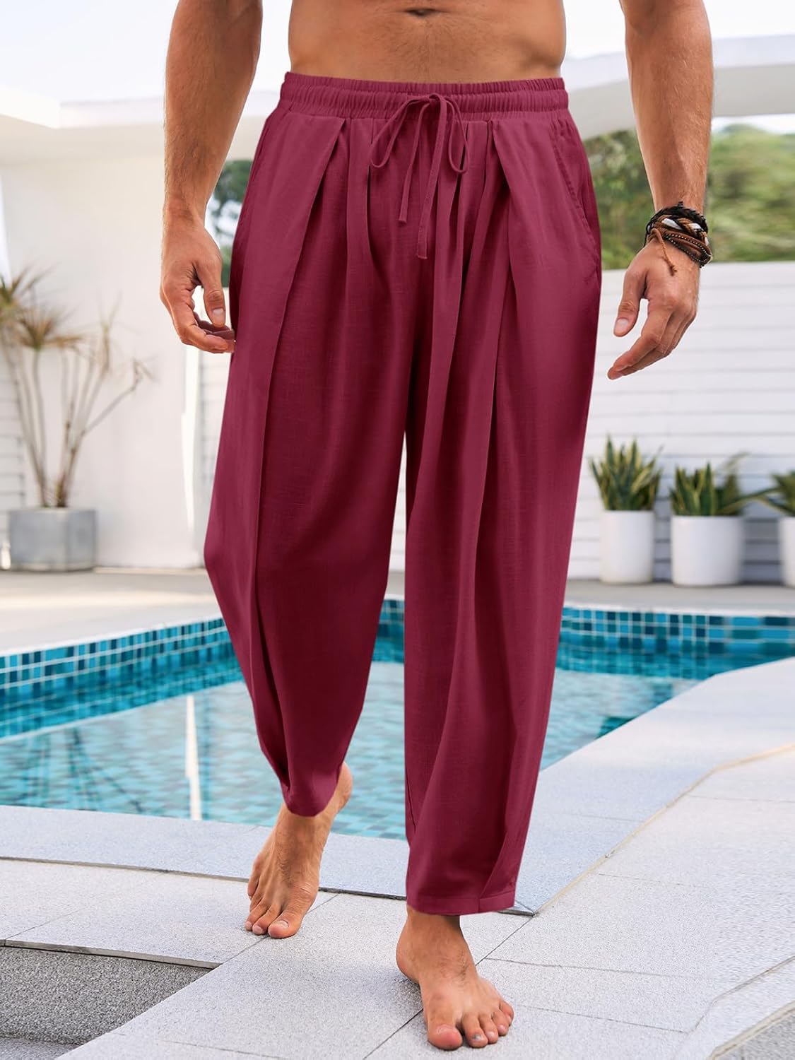 Runcati Mens Casual Harem Pants Drawstring Elastic Waist Cotton Cropped Trousers Yoga Beach Lightweight Pants