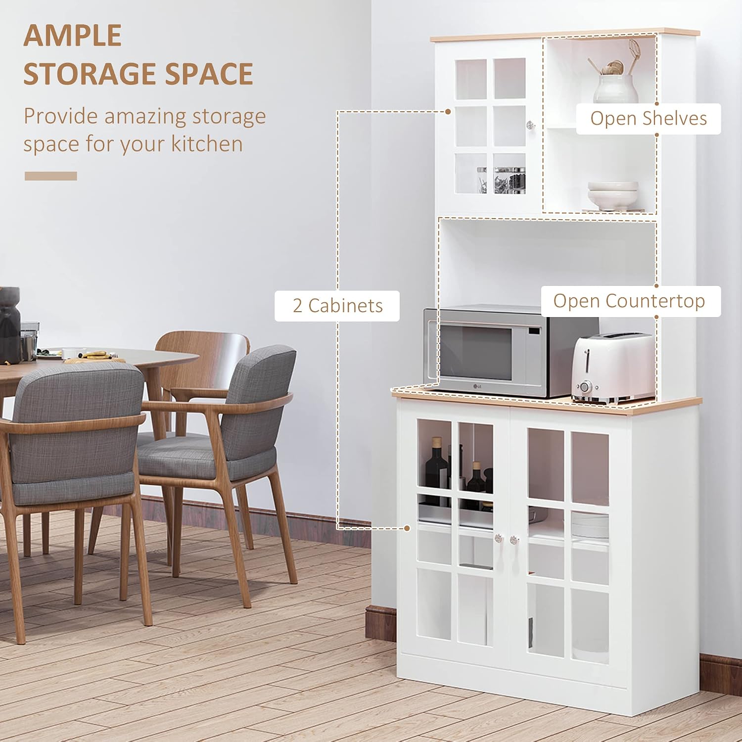 HOMCOM Kitchen Buffet with Hutch, Storage Pantry with 2 Cabinets with Glass Doors and Adjustable Shelf, 2 Open Shelves and Large Countertop, White