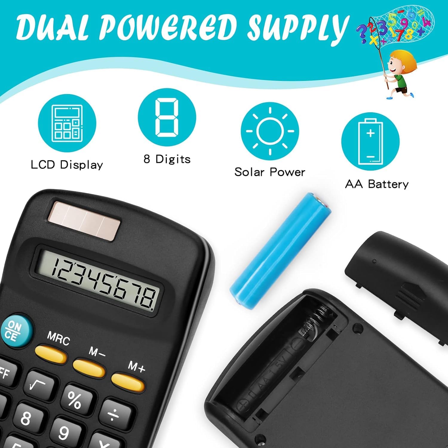 Paquete de 24 calculadoras básicas para estudiantes, tamaño de bolsillo, mini calculadoras con pantalla de 8 dígitos, calculadora básica, batería solar, calculadoras de mano de doble potencia para