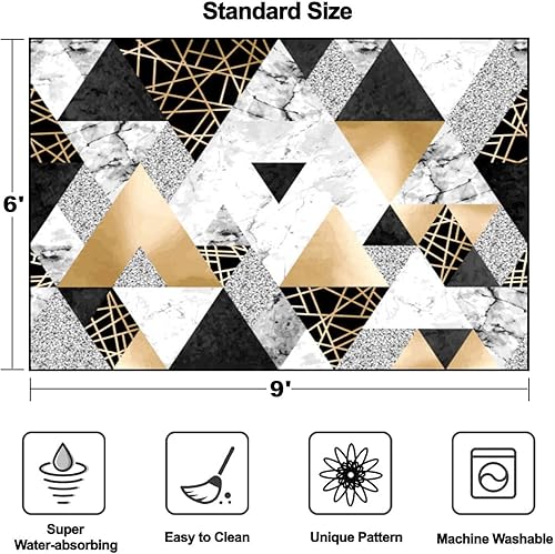 Miniatura 2 de Alfombra de área sin costuras, patrón geométrico, líneas doradas, purpurina, negro, acuarela, gris, lavable, de 6 x 9 pies, alfombras grandes para