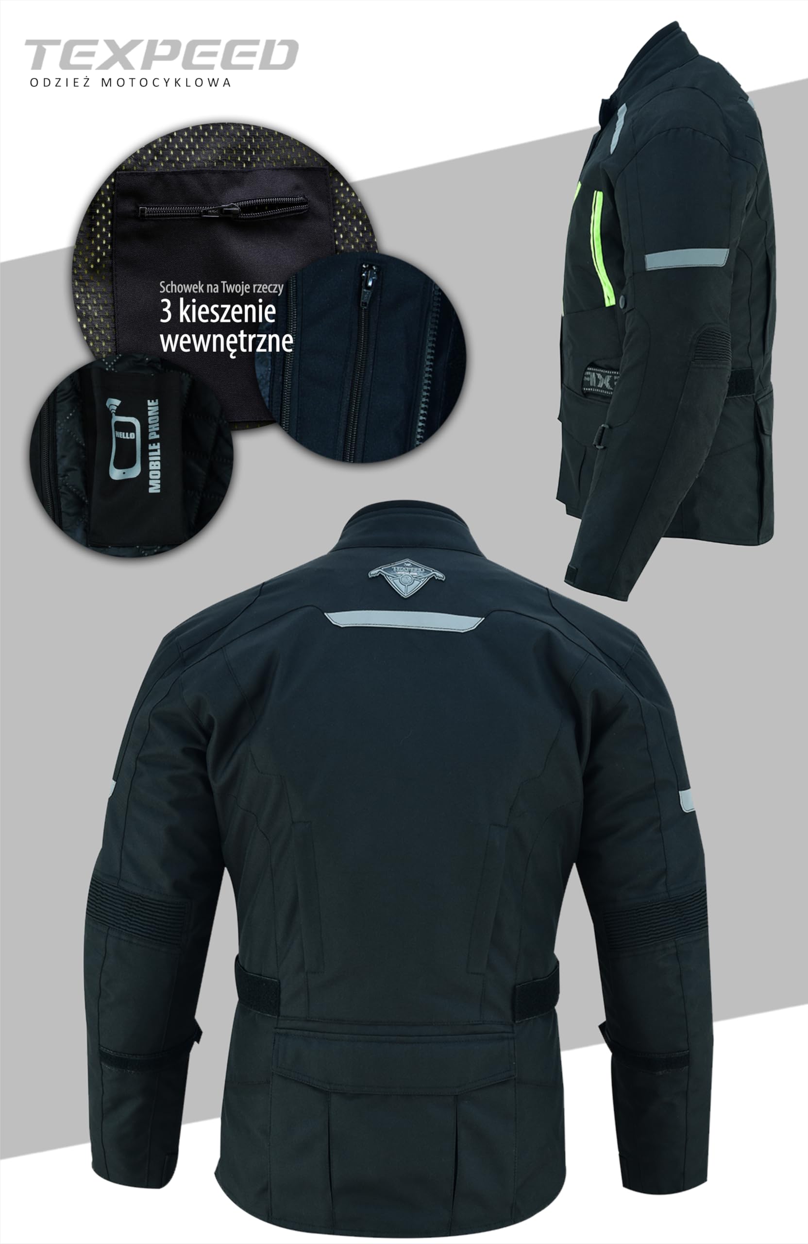 Texpeed Męska kurtka motocyklowa wodoodporna z tkaniny Cordura z ochraniaczami motocyklowymi (EN 1621-1) – Czarna (M)