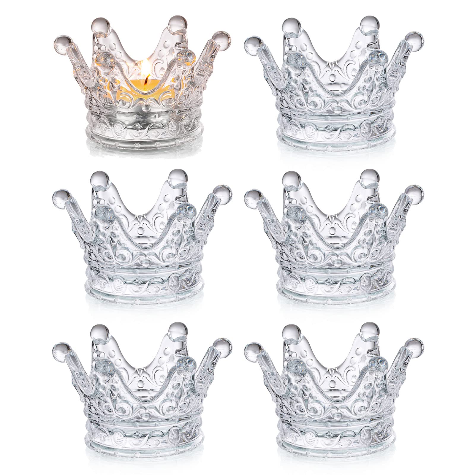 RomadediTea Light Candle Holders Glass - 6PCS Crown Deocr Table Centerpiece Tealight Holder Clear Bulk for Votive Candles Dinner Wedding Party Christmas Decoration