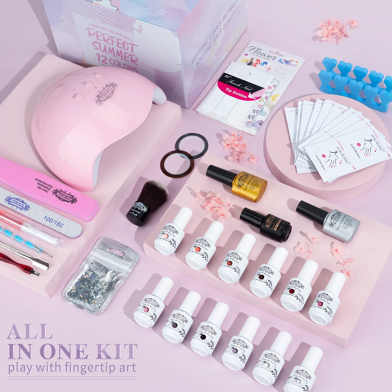 Perfect Summer Gel Nail Polish Kit with UV Light - 12 Colors Spring Pastel Gel Polish Set with Base Gel Top Coat , Soak Off Gel Nail Kit for Starter DIY Manicure Gifts