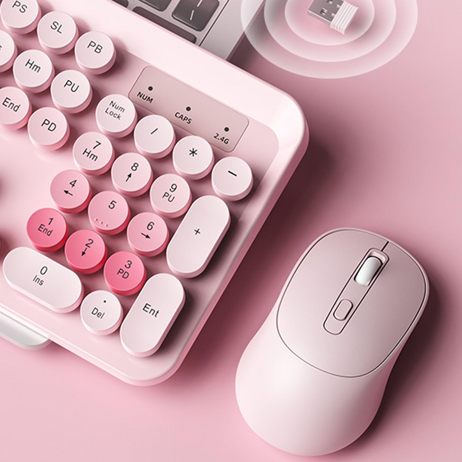 Bezprzewodowa Kombinacja Klawiatury i Myszy, Styl Retro do Pisania 2,4 GHz z Okrągłymi Klawiszami, 12 Multimedialnych Klawiszy Skrótu, Klawiatura Numeryczna, Mysz z Cichym (PINK)