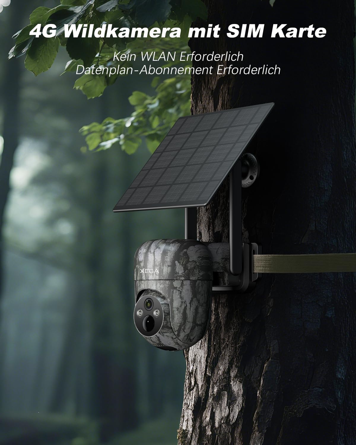 Xega 4G LTE Wildkamera Solar Akku mit SIM Karte,Überwachungskamera mit Live App Farb-Nachtsicht, 2K HD Kabellos Außen PTZ Kamera Outdoor,355°/90° Schwenkbar Erkennung 2-Wege-Audio (Ohne WLAN)