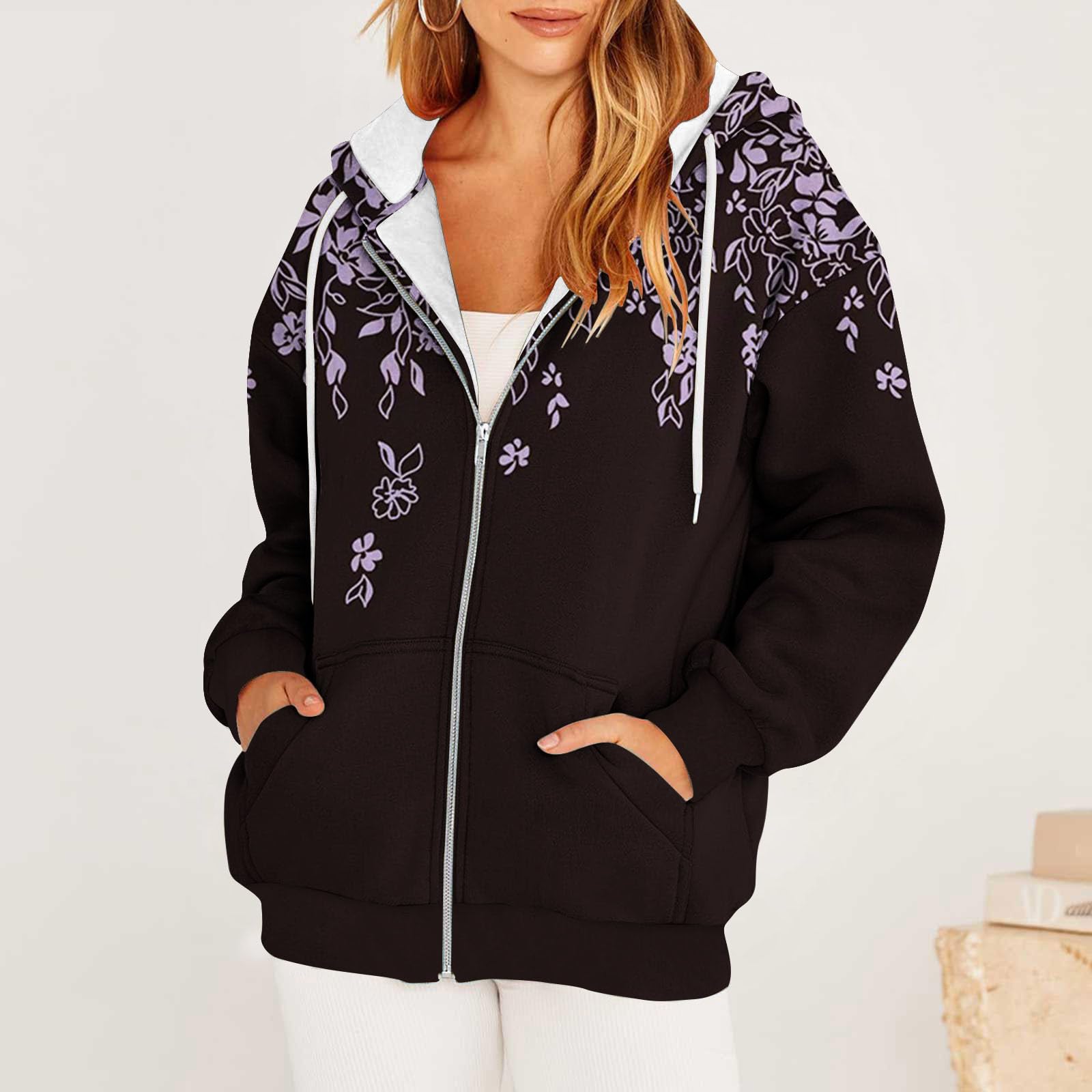 SYDUZAX Femme Sweat-Shirt Capuche Zippé Femme Sweat Imprimé Fleuri avec Fermeture Eclair Hoodie Manches Longues Et Poche Veste Chaude Chic Et Elegant Pas Cher Cardigan Sport Fitness Outdoor Basic