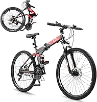 CamPingSurvivals 26" Foldable 21-Speed Mountain Bike for Adults - High Carbon Steel Frame, Full Suspension, Dual Disc Brakes, Black/Red