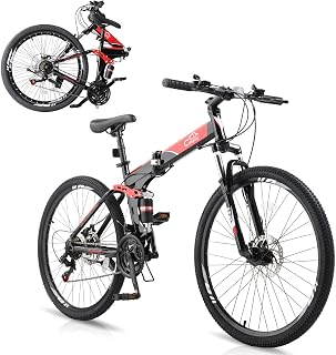 CamPingSurvivals 26" Foldable 21-Speed Mountain Bike for Adults - High Carbon Steel Frame, Full Suspension, Dual Disc Brakes, Black/Red