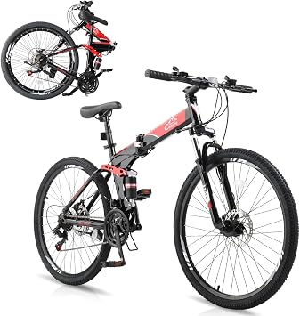 Ktaxon Folding Mountain Bike 21-Speed Adult Bikes 26/27.5 Inch Bike with High Carbon Steel Frame, Double-Kill Disc Brake System, Thickened Shock-Absorbing Front Fork