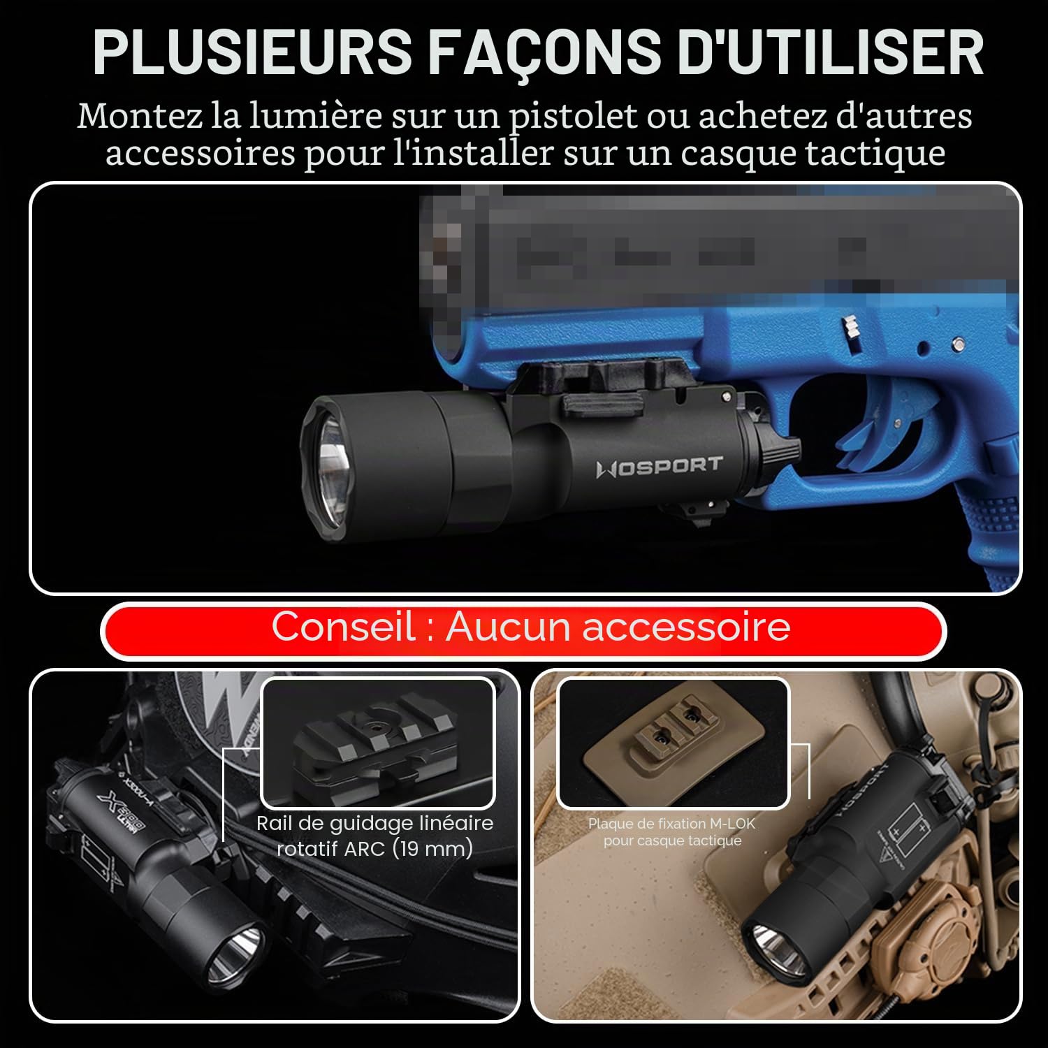 Zhongren X300 Lampe torche tactique pour airsoft 800 lumens Blanc 2 modes Lumière constante / momentanée (Noir)