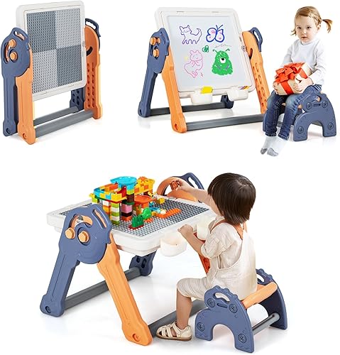 Costzon Juego de mesa y silla 6 en 1 para niños, caballete de arte plegable con marcadores, borrador, 102 ladrillos compatibles, mesa de bloques de
