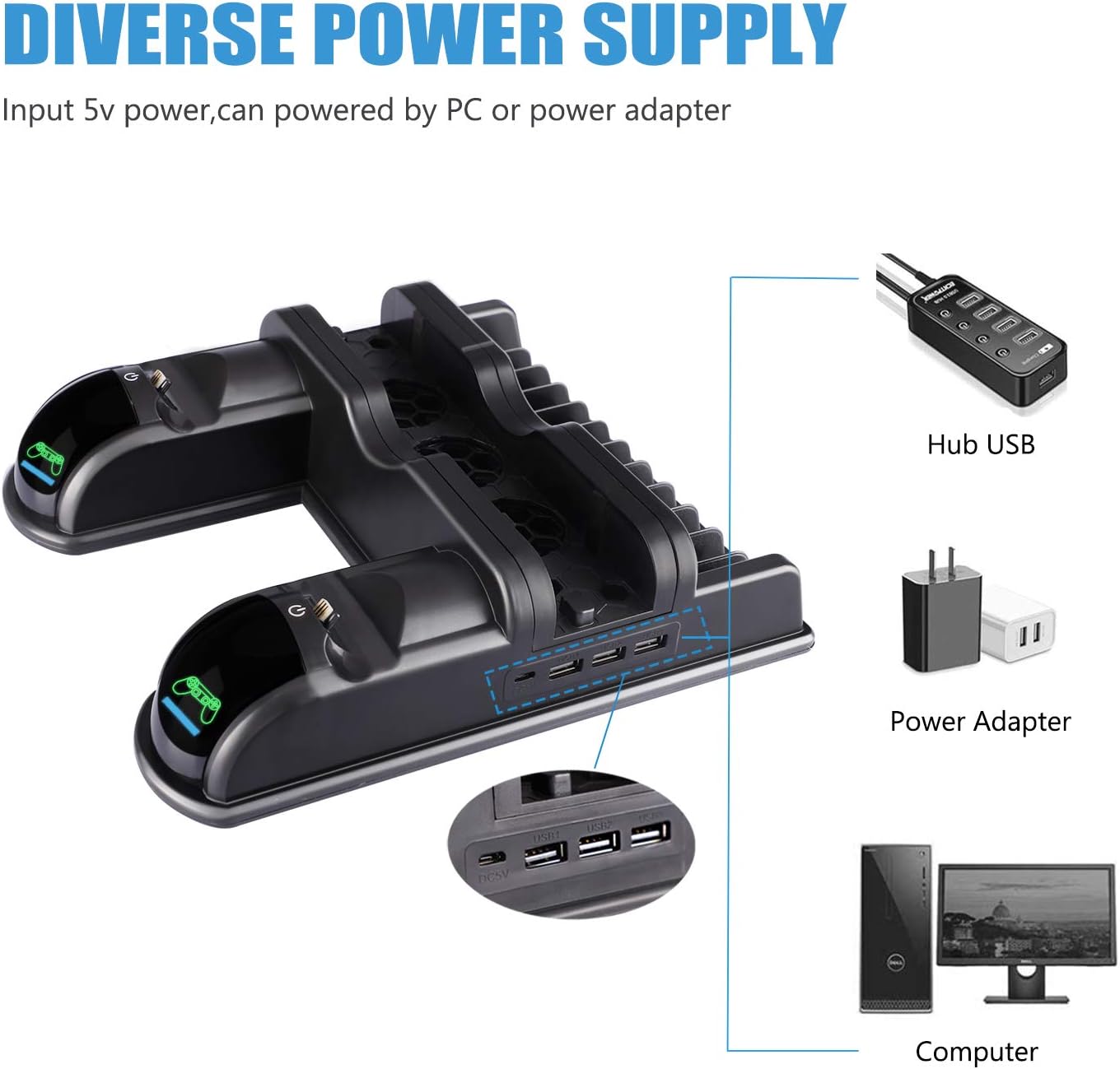 Cooling Fan for PS4, Multifunctional Vertical Cooling Stand and Controller Charger Station for PS4 Slim / PS4 Pro/Playstation 4, with Upgraded LED Indicators and 12PCS Game Storage for PS4/ Slim/ Pro