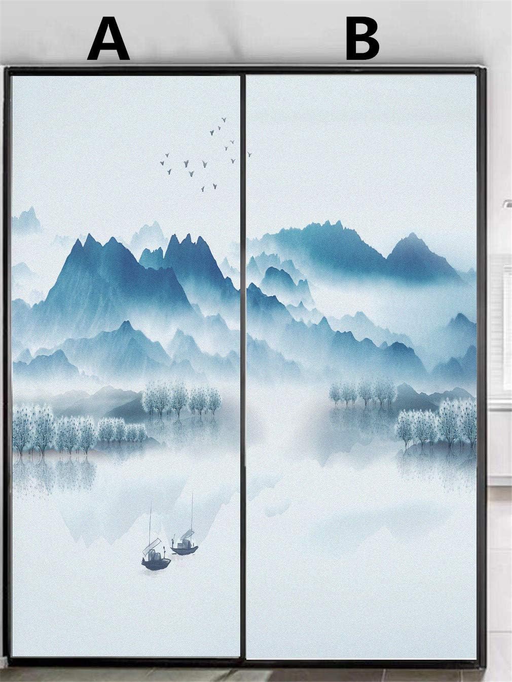 No Glue Decorative Privacy Frosted Window Film Traditional Landscape Painting Pattern Glass Door Window Covering Window Decals Window Sticker for Home Office 80x160cm(31.5"x63")