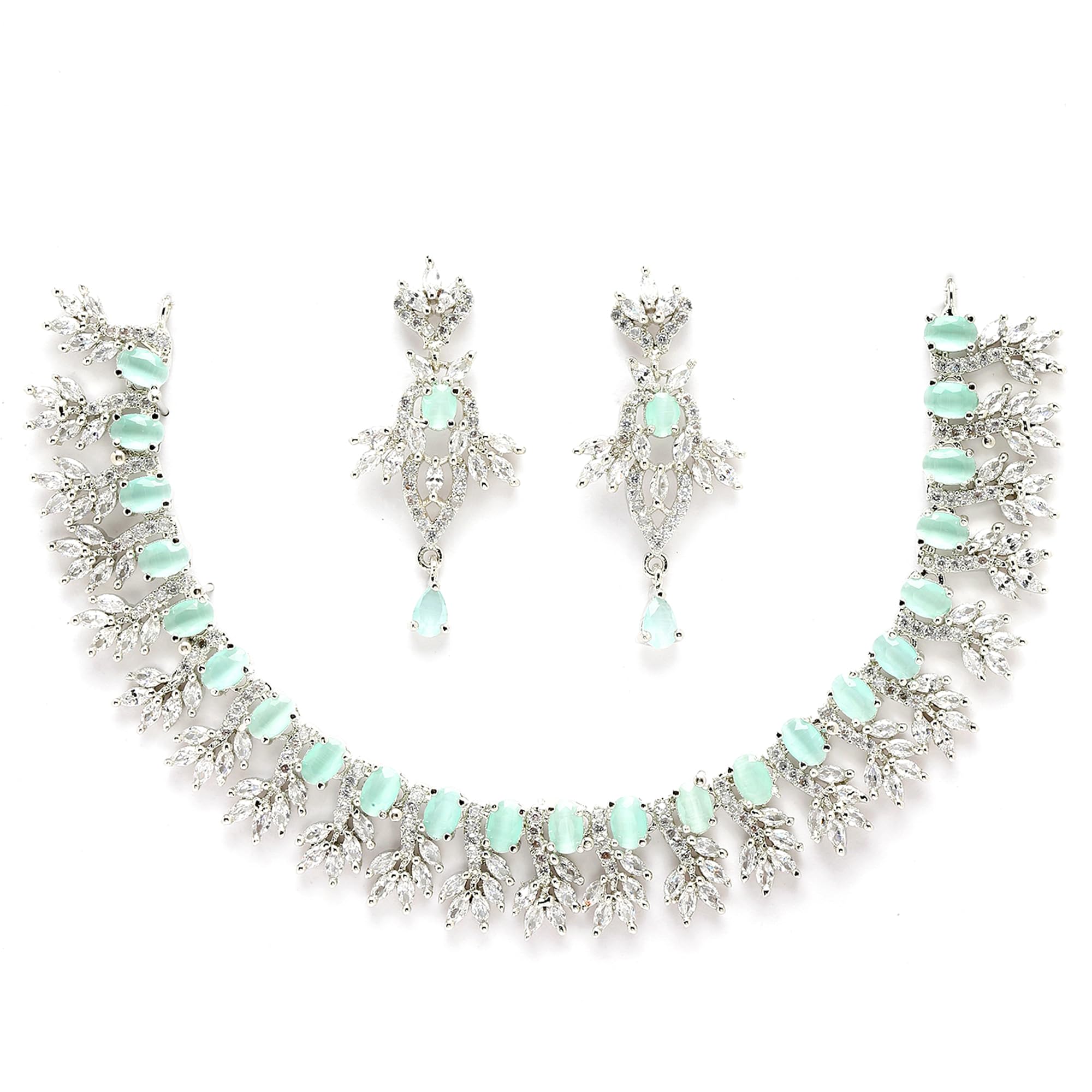ZENEME Rhodium-Plated with Silver-Toned Sea Green American Diamond Studded Embellish Statement Jewellery Set (Sea Green) (B0BQKBJLYX) Amazon Price History, Amazon Price Tracker