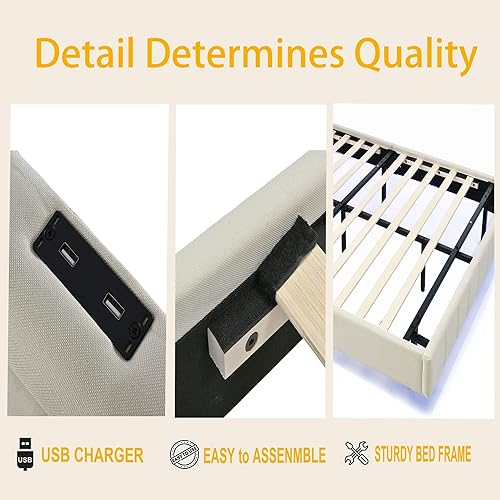 Miniatura 5 de Merax Cama de plataforma LED flotante, marco de cama tapizado de madera tamaño Queen con luces LED y carga USB, soporte de listones de madera, no