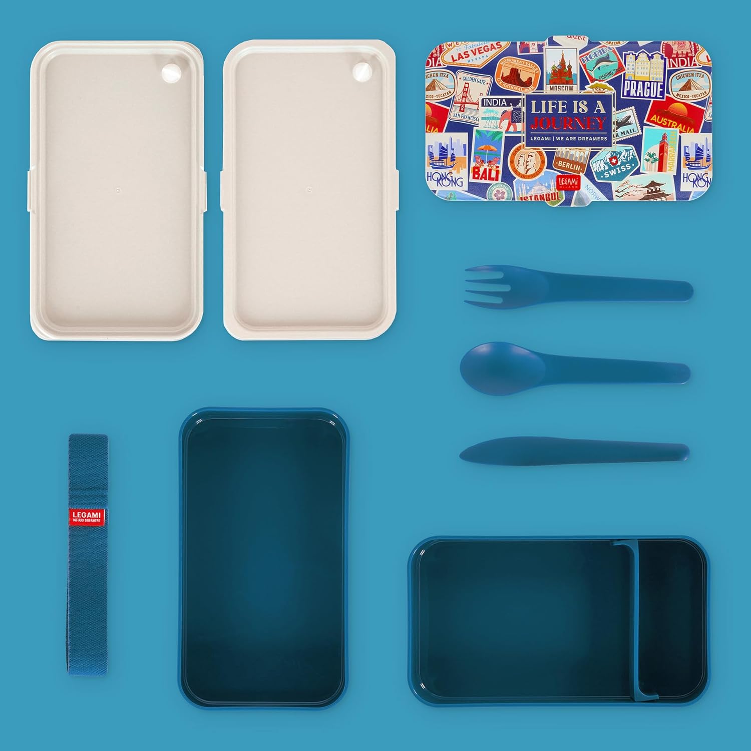 Legami Lunch Box, 3 Pieces of Cutlery Included, Travel Stickers, Container, Capacity 1200ml, Leakproof, Microwave and Dishwasher Safe