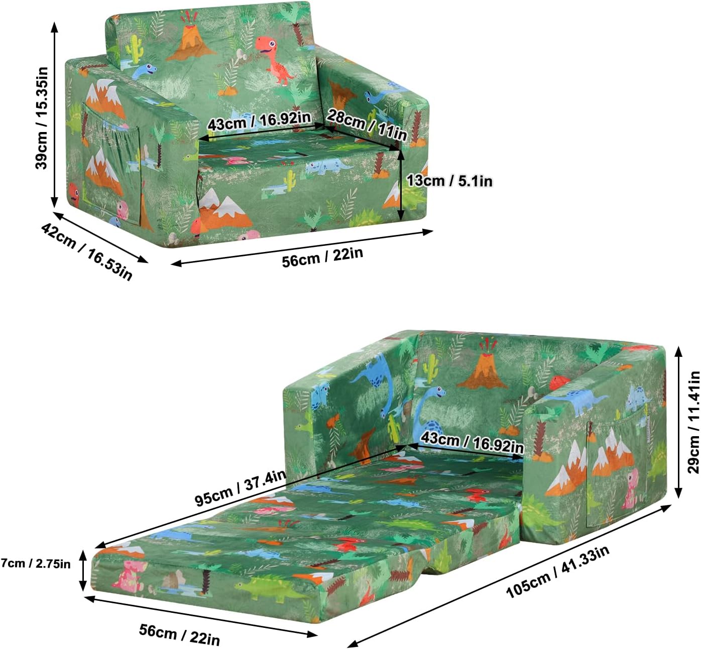 Foam Kid Sofa Chair,2 in 1 Convertible Sofa to Bed for Baby,Velvet Toddler Sofa Couch with Side Pocket for Kid Using (W22.04) (Green)