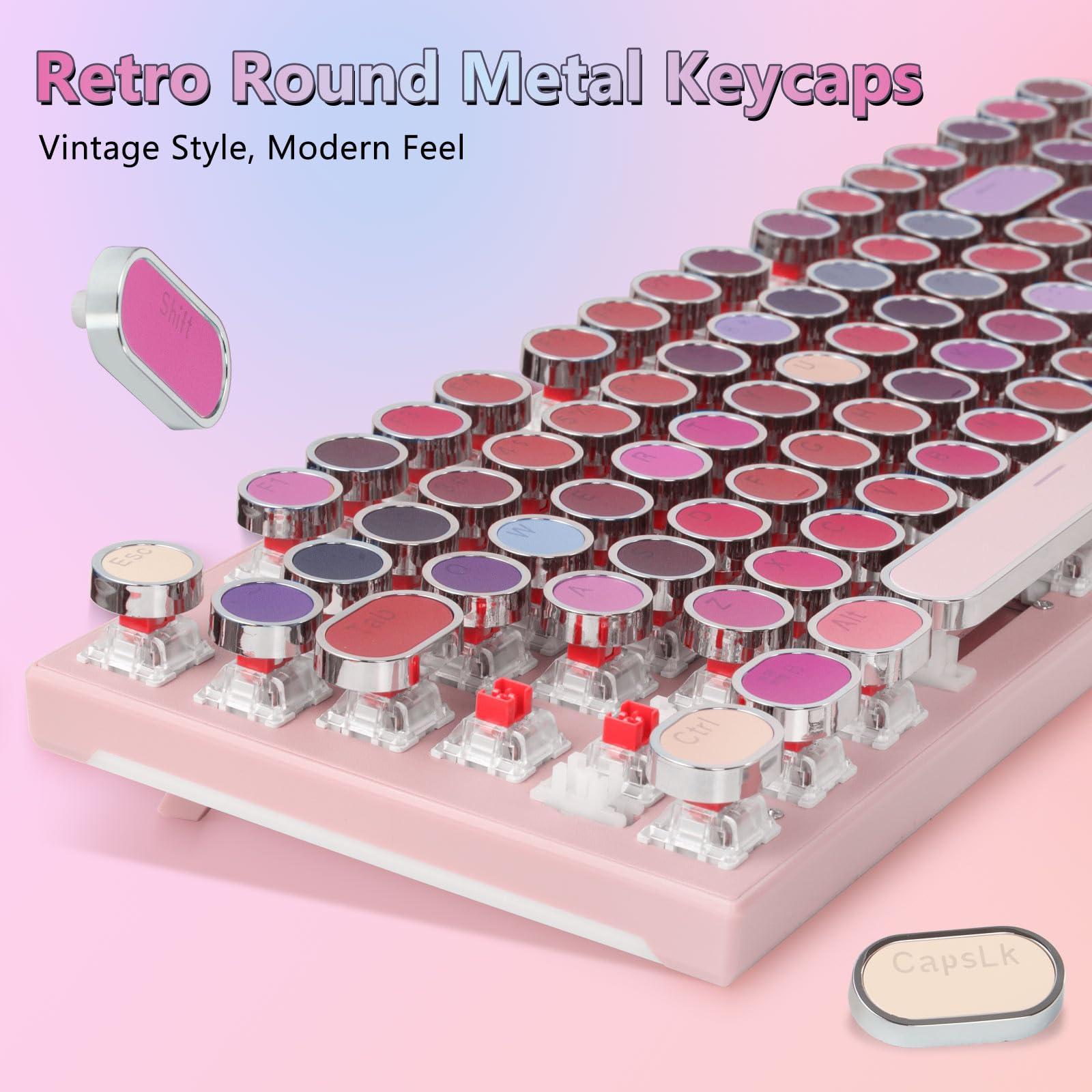 HUO JI - Teclado mecánico para juegos con luz lateral RGB y retroiluminada arcoíris, estilo retro, interruptores rojos, panel de metal, lápiz labial, 104 teclas para Mac, PC, lindo rosa