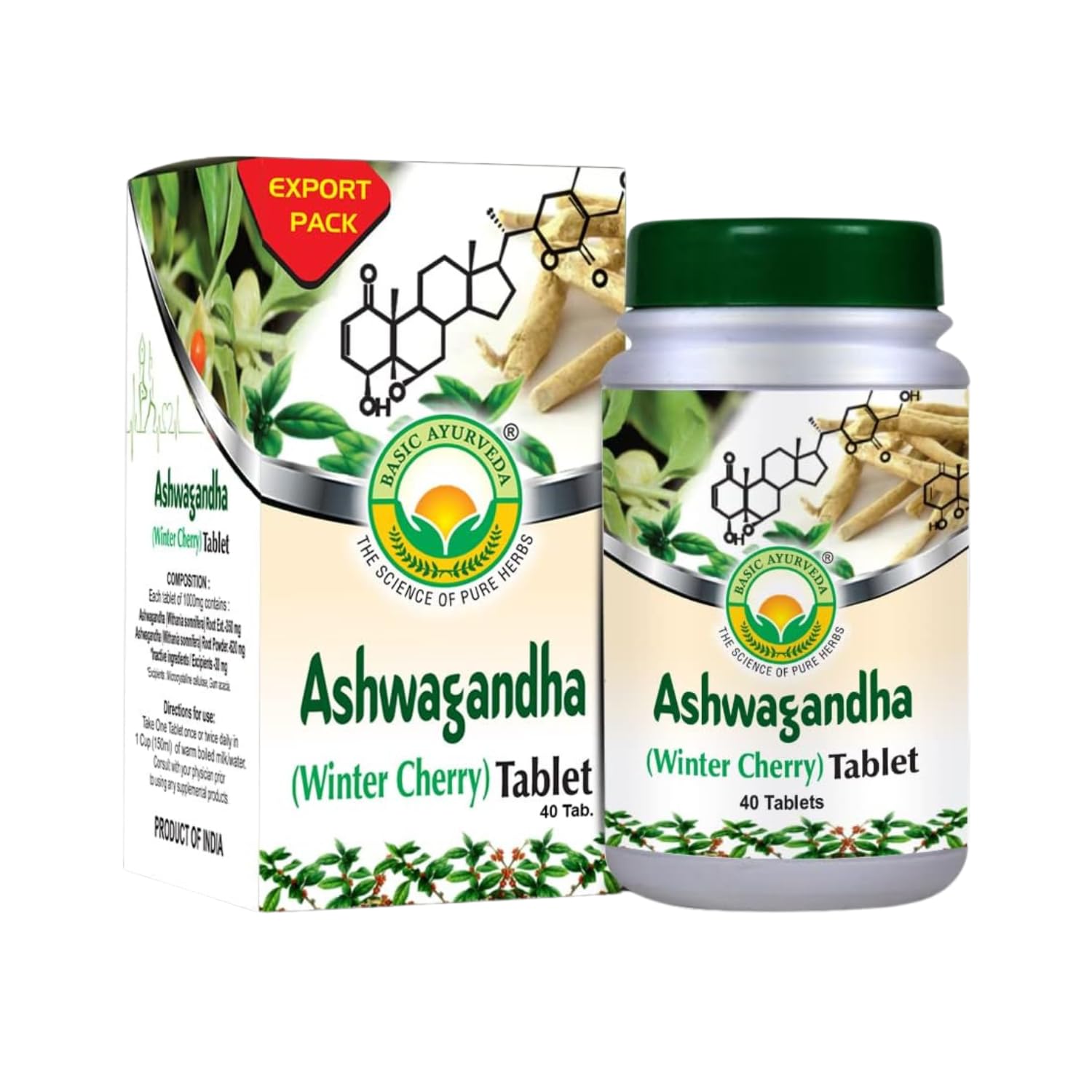 BASIC AYURVEDA Ashwagandha Tablets - 1000mg Winter Cherry Herbal Supplement Plant-Based Formula for Daily Routine Natural Root Extract