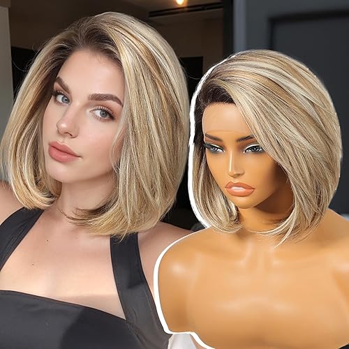 Ash Blonde Synthetic Lace Front Wig,Side Part Short Straight Glueless
