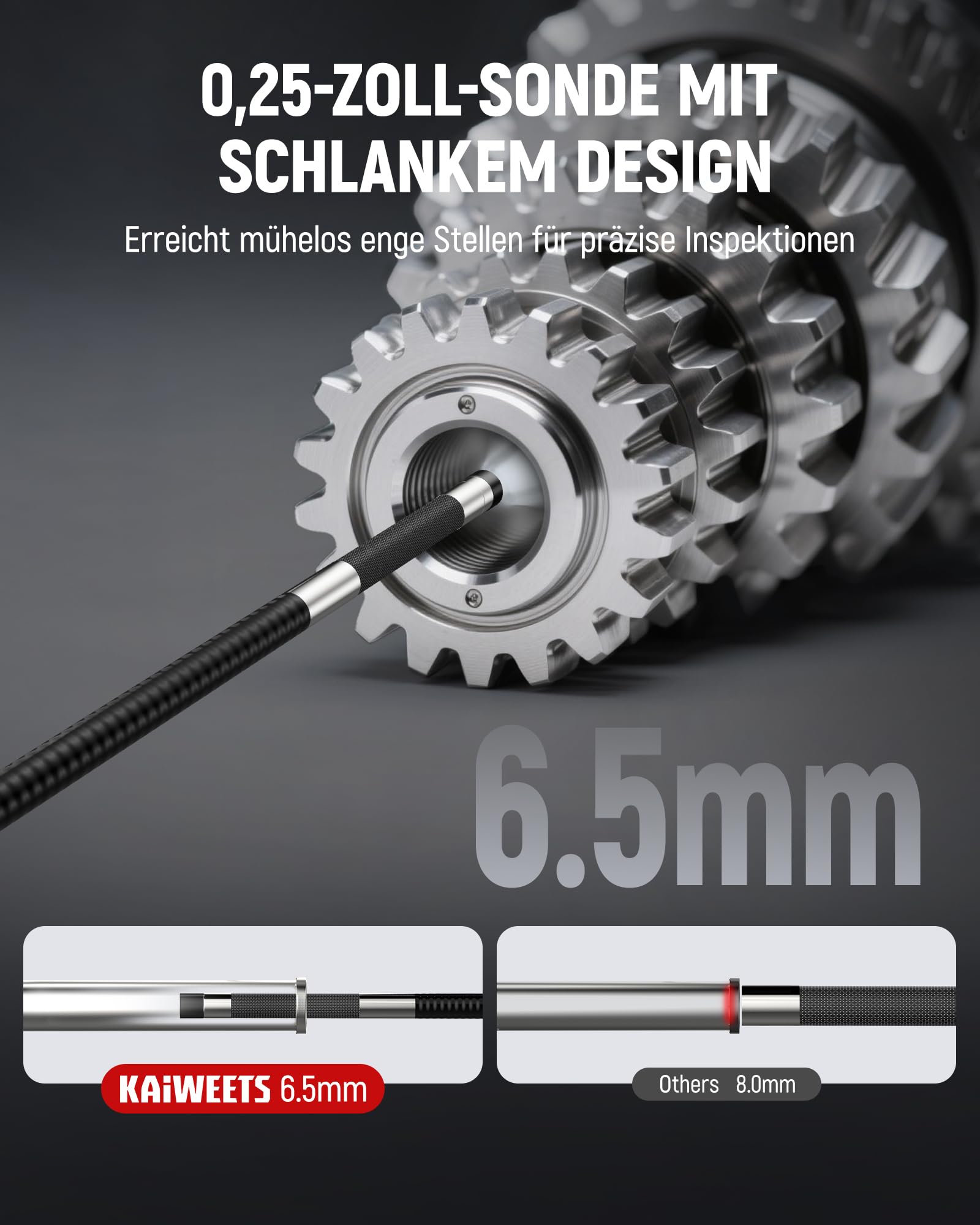 KAIWEETS Endoskopkamera mit Licht, 2-Wege artikulierte 210° Sonde (6,5 mm) mit Scrollradsteuerung, 1080P IPS-Display, 1,6 m halbstarres Kabel, IP67 wasserdicht, für Auto, Heizung, Sanitär & Industrie